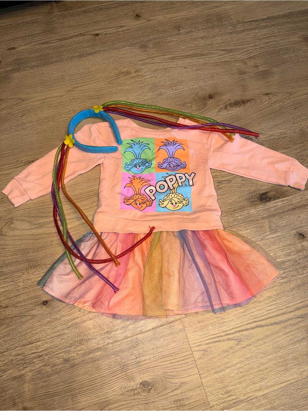 Princess Poppy Trolls Kids Peach Rainbow Tulle Costume Dress with Headband